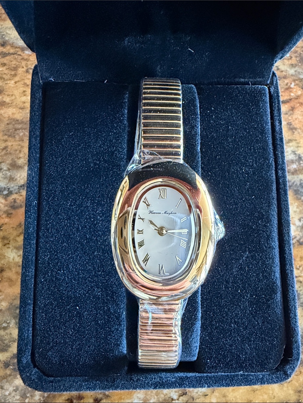 Gold-Tone Women's Stretch Bracelet Watch with Oval White Dial